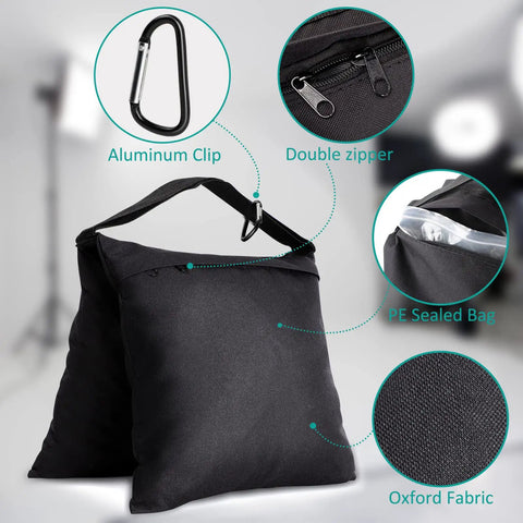 Close-up of 4 Pack Sandbags For Lighting Stands And Photo Gear Heavy Duty showing aluminum clip and black oxford fabric