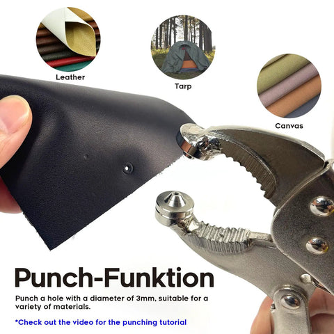 Pro Grade Snap Fastener Tool Kit For Boat Covers With Heavy Duty Snap Setter Pliers and 15mm snaps displayed on leather.