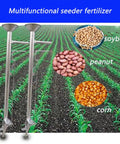 Seed Sower And Fertilizer Applicator For Gardens, Handy Manual Seeder And Vegetable Planter, shows tool in field with seeds.