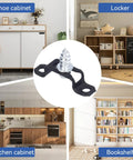 60 Pack Slick Furniture Connectors And Concealed Slide Buckles For Cabinet Hardware, shown with shoe cabinet, locker, kitchen, and bookshelf.