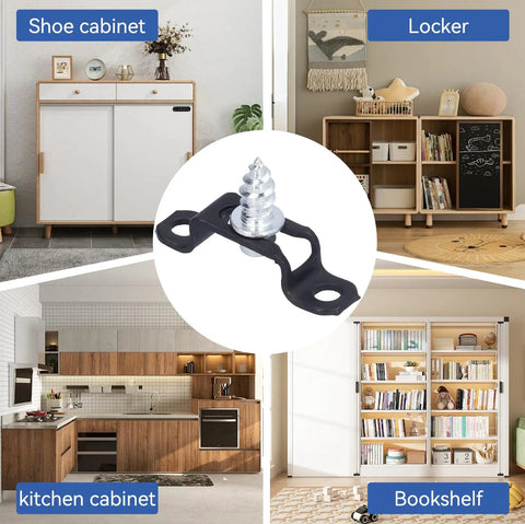 60 Pack Slick Furniture Connectors And Concealed Slide Buckles For Cabinet Hardware, shown with shoe cabinet, locker, kitchen, and bookshelf.