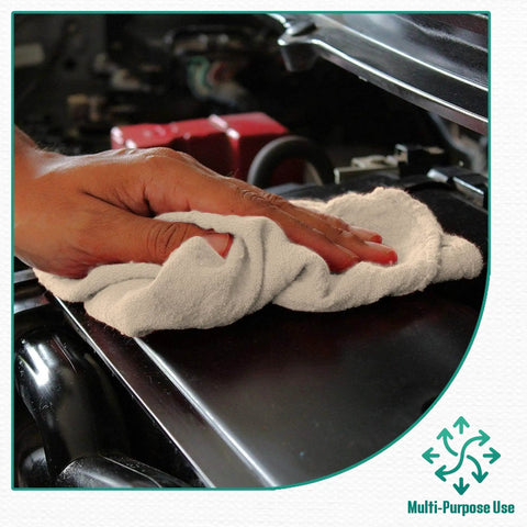 Hand using Cotton Shop Towels Pack Of 150 14 By 12 Inches White Reusable Shop Rags for Cars Garage Industrial