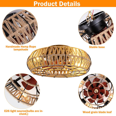 20 Inch Caged Farmhouse Ceiling Fan With Light Remote Control Low Profile Flush Mount Enclosed Design 6 Speeds Reversible Motor Handmade Hemp Rope Cage
