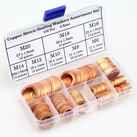 Copper Sealing Washers Assortment Set Pro Grade, 150 Pcs In 8 Metric Sizes M6 To M20 in plastic storage box