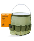 5 Gal Garden Tool Bucket Caddy With Nine Deep Pockets And Pencil Slots Durable Canvas Organizer Keeps Tools Handy And Frees Bucket Space For Yard Work, shown on a 5-gallon bucket with visible pockets and handle.