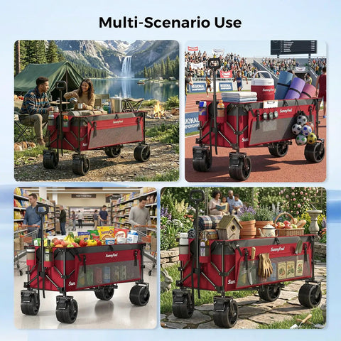 Beefy 550 Lb Heavy Duty 49 Inch Foldable Wagon Cart With Big Wheels used for camping, sports, shopping, and gardening activities.