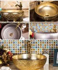 Premium Gold Ceramic Round Vessel Sink For Bathroom Countertop Vanity With A Slick Scratch Resistant Glaze And Easy Maintenance Design For Daily Home Use displayed in various elegant settings.