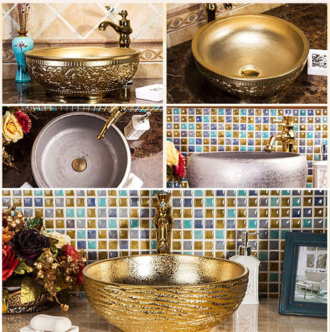 Premium Gold Ceramic Round Vessel Sink For Bathroom Countertop Vanity With A Slick Scratch Resistant Glaze And Easy Maintenance Design For Daily Home Use displayed in various elegant settings.