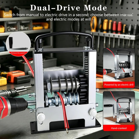 Close-up of Knockout Automatic Wire Stripper Machine With Six Adjustable Channels And Five Sharp Blades showcasing dual-drive mode.