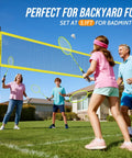 Family playing with Backyard 2 In 1 Volleyball And Badminton Net Set With Adjustable Height from 5.1 to 8 Feet on lawn