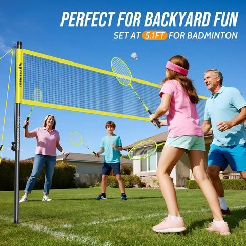 Family playing with Backyard 2 In 1 Volleyball And Badminton Net Set With Adjustable Height from 5.1 to 8 Feet on lawn