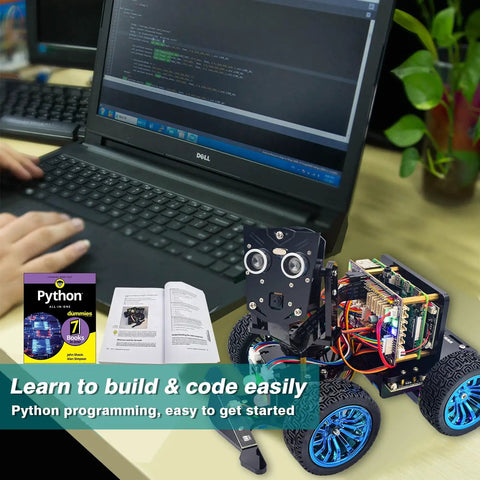 Hands-On Mars Rover PiCar-B Smart Car Kit For Raspberry Pi Series 5, 4B, 3B, 3B Plus Kid-Friendly With Obstacle Avoidance, Line Tracking, Light Tracing, Camera, Voice Commands, Python Coding, And A 309-Page PDF Tutorial on desk with laptop