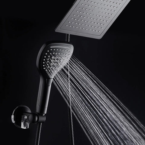 Ultra Luxury 9 Inch Rainfall Shower Head And Handheld Combo With Push Button Flow Control For One Handed Operation In Matte Black