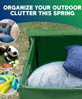 Open 76 Gallon Waterproof Outdoor Deck Box With Tough Tarpaulin Cover For All Weather Storage in green, filled with cushions.