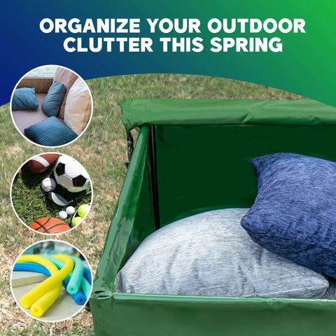 Open 76 Gallon Waterproof Outdoor Deck Box With Tough Tarpaulin Cover For All Weather Storage in green, filled with cushions.