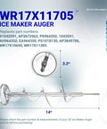 Diagram of Ultra Durable Ice Maker Auger Replacement for GE Hotpoint shows dimensions and part numbers