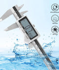6 Inch Stainless Steel Digital Caliper With IP54 Splash Proof Protection showing large LCD display over water backdrop