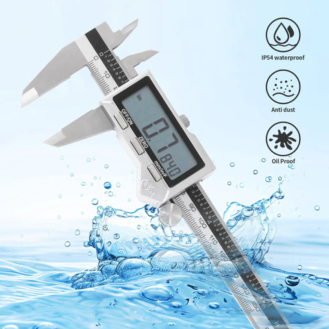 6 Inch Stainless Steel Digital Caliper With IP54 Splash Proof Protection showing large LCD display over water backdrop