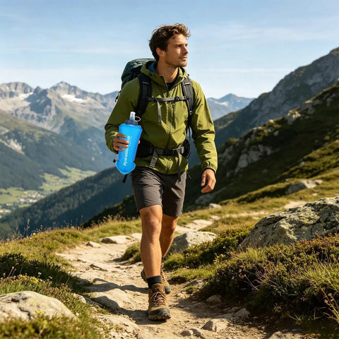 Person hiking with 750ml Foldable TPU Hydration Water Bottle For Cycling And Outdoor Adventures, Lightweight Squeeze Bottle