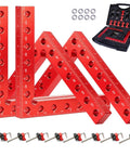 Heavy Duty 4 Pc Aluminum Corner Clamps Perfect For Precise Woodworking Projects With Rust Proof And Durable Construction For Easy Right Angle Jigging with red aluminum squares and clamps.