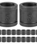 Pack Of Twenty Half Inch Iron Cast Pipe Couplings For Vintage DIY Furniture And Industrial Decor Projects, Heavy Duty Malleable Iron Fittings For Standard Threaded Pipes, Rust Resistant And Ready To Build, 1/2 in black