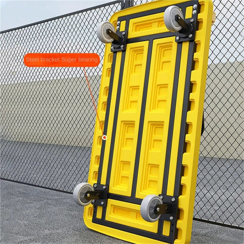 Rugged Heavy Duty Platform Cart Dolly With Thick Steel Flatbed Foldable Handrail 5 Inch TPR Wheels 360 Degree Swivel Rear Wheel Ultra Durable Warehouse Load Carrier For Heavy Duty Transport, folded underside