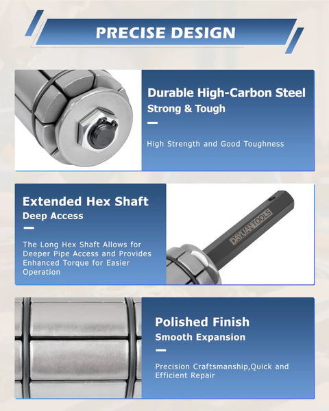 DAYUANTOOLS 3-piece exhaust pipe expander set with 1-1/8 to 3-1/2 inch range, high-carbon steel, long hex shaft.