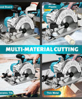 Badass 5 Inch Brushless Cordless Circular Saw Snap Mount Design cutting wood, plastic, ceramic tile, and thin metal materials.