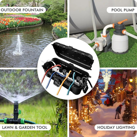 Hella Rugged Outdoor Electrical Box Waterproof Rain Guard for outdoor fountain, pool pump, and holiday lighting protection.