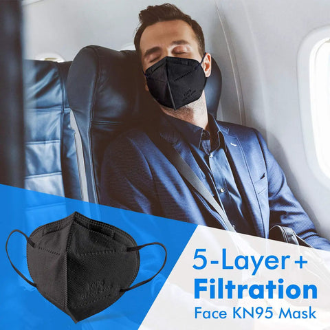 Man wearing KN95 Black Face Mask 50 Pack With 5 Layer Filtration Over 95 Percent Efficiency on airplane.