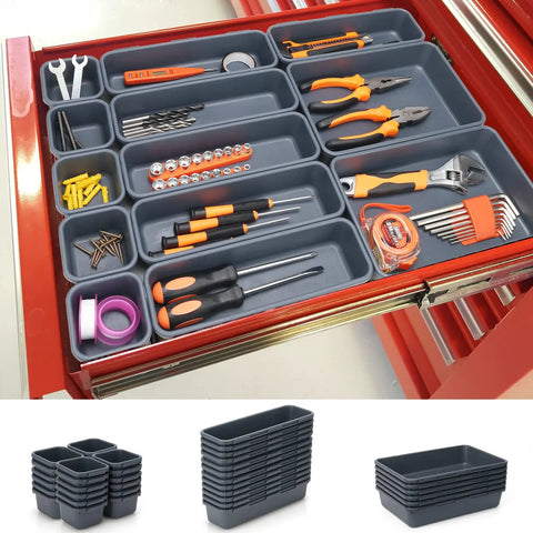 42 Pack Tool Box Organizer With Interlocking Tray Dividers For Drawer, Rolling Tool Chest Cart Cabinet Workbench And Desk Storage Keeps Hardware in Grey