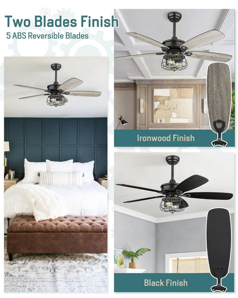 Farmhouse 52 Inch Ceiling Fan With Lights And Remote Control, rustic barnwood blades, industrial cage light, bedroom and living room settings