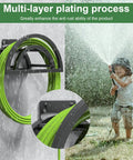 Heavy Duty Outdoor Hose Holder Wall Mount for 125Ft Hose, black metal rack holds green hose, weather resistant feature