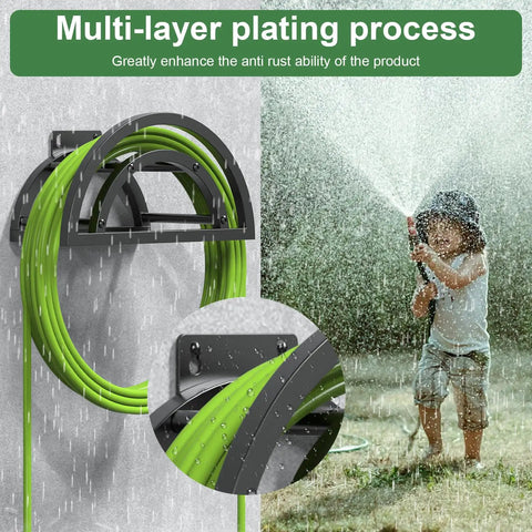 Heavy Duty Outdoor Hose Holder Wall Mount for 125Ft Hose, black metal rack holds green hose, weather resistant feature