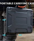 Black storage case for 86pc Tap And Die Set For Threading SAE And Metric Sizes M3 To M16 Pro Grade Tool Kit, being carried by a person.