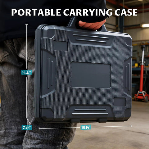 Black storage case for 86pc Tap And Die Set For Threading SAE And Metric Sizes M3 To M16 Pro Grade Tool Kit, being carried by a person.