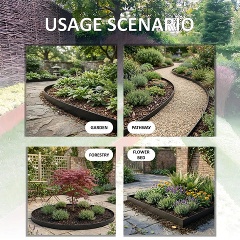 Usage scenarios of Heavy Duty Galvanized Steel Landscape Edging Kit With Six Stakes for garden, pathway, forest, flower bed.