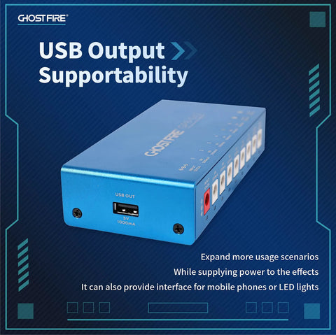 Eight Channel Isolated Pedal Power Supply With 9V 12V 15V 18V Outputs And 5V USB Separate Short Circuit Protection shown in blue casing