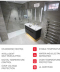 Modern bathroom featuring 3500 Watt 120 Volt Point Of Use Tankless Electric Water Heater for a single sink with safety features.