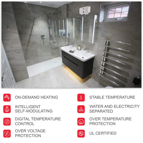 Modern bathroom featuring 3500 Watt 120 Volt Point Of Use Tankless Electric Water Heater for a single sink with safety features.