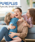 Happy family embracing on a sofa, promoting PurePlus clean living.