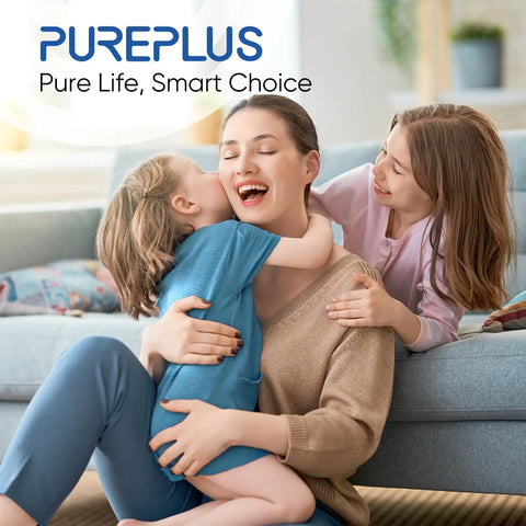 Woman hugging two children in a cozy home setting, promoting pure life with PUREPLUS logo displayed.