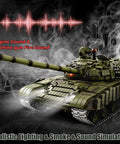 One Sixteenth RC Tank T 72 Soviet Battle Ready Toy with smoke, lights, and sound effects on display.