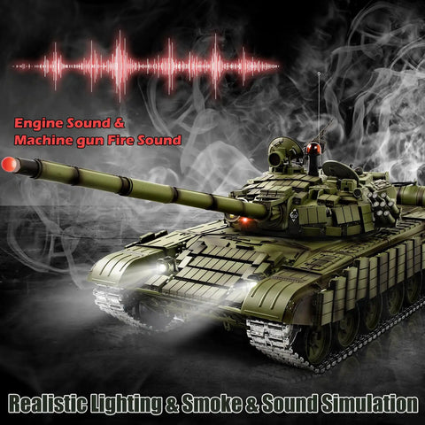 One Sixteenth RC Tank T 72 Soviet Battle Ready Toy with smoke, lights, and sound effects on display.