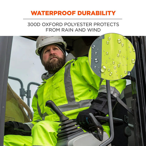 Man wearing Hi Vis Reflective Rain Jacket Lime X Large ANSI Class 3 Waterproof with Black Bottom operating machinery