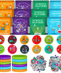 Science Party Favor Bundle With Drawstring Bags, Silicone Bracelets, Pins And Stickers, 86 Piece Scientist Birthday Decor Set.
