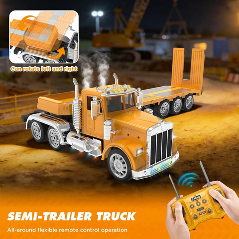 Giant 39.6 Inch RC Semi Trailer Truck for Kids with lights, remote control, and orange design on a construction play set scene