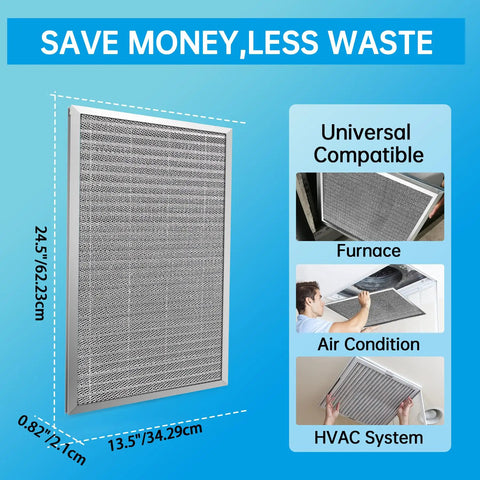 Electrostatic Reusable Air Filter 14x25x1 MERV 8 Washable with durable aluminum frame, fits HVAC systems actual size 13.5x24.5x0.82 inch