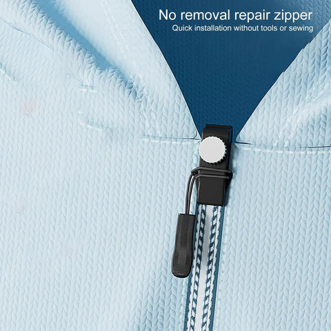 Close-up of zipper with replacement head from Zipper Repair Kit With Quick Fix Zipper Set Replacement Heads And Plier Seam Ripper.