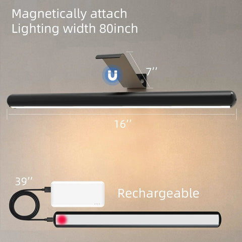 Rechargeable Magnetic LED Picture Light With Remote Dimmable showing magnetic attachment and 16-inch length with charger